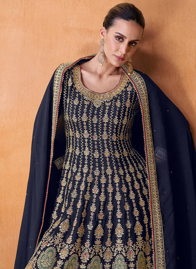 Blue Color Chinon Sequins Embroidery Palazzo Suit