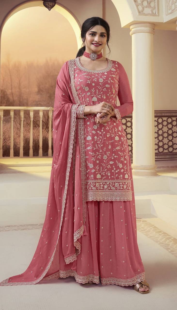 Peach Vichitra Embroidered Salwar Kameez Suit