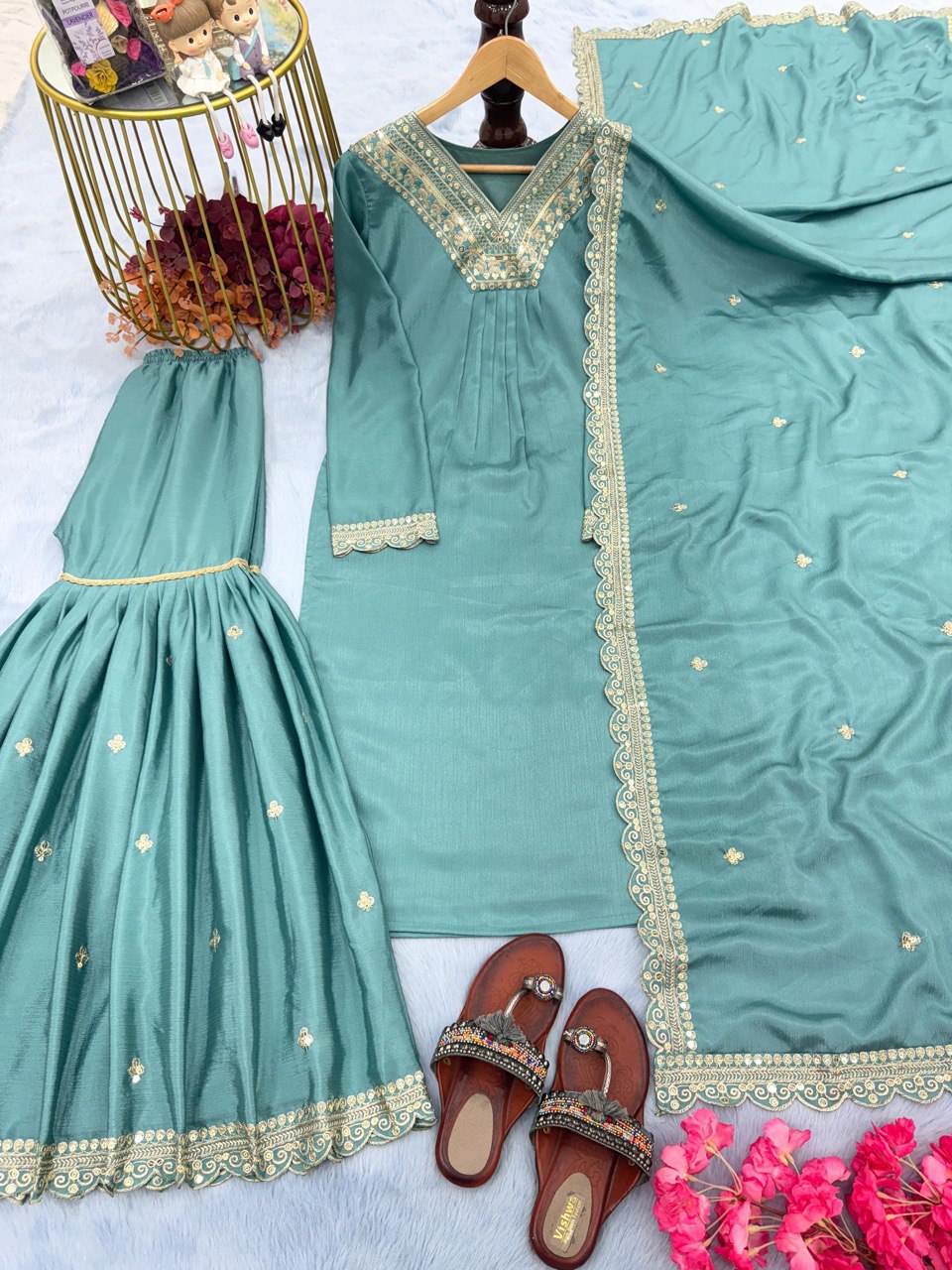 Skyblue Coluer Partywear Chinon Salwar Kameez Palazzo Suit