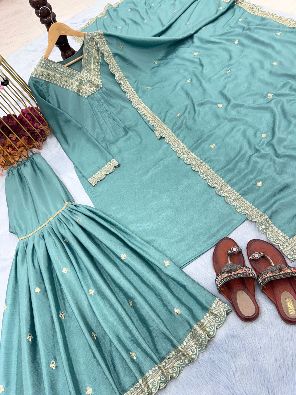 Skyblue Coluer Partywear Chinon Salwar Kameez Palazzo Suit