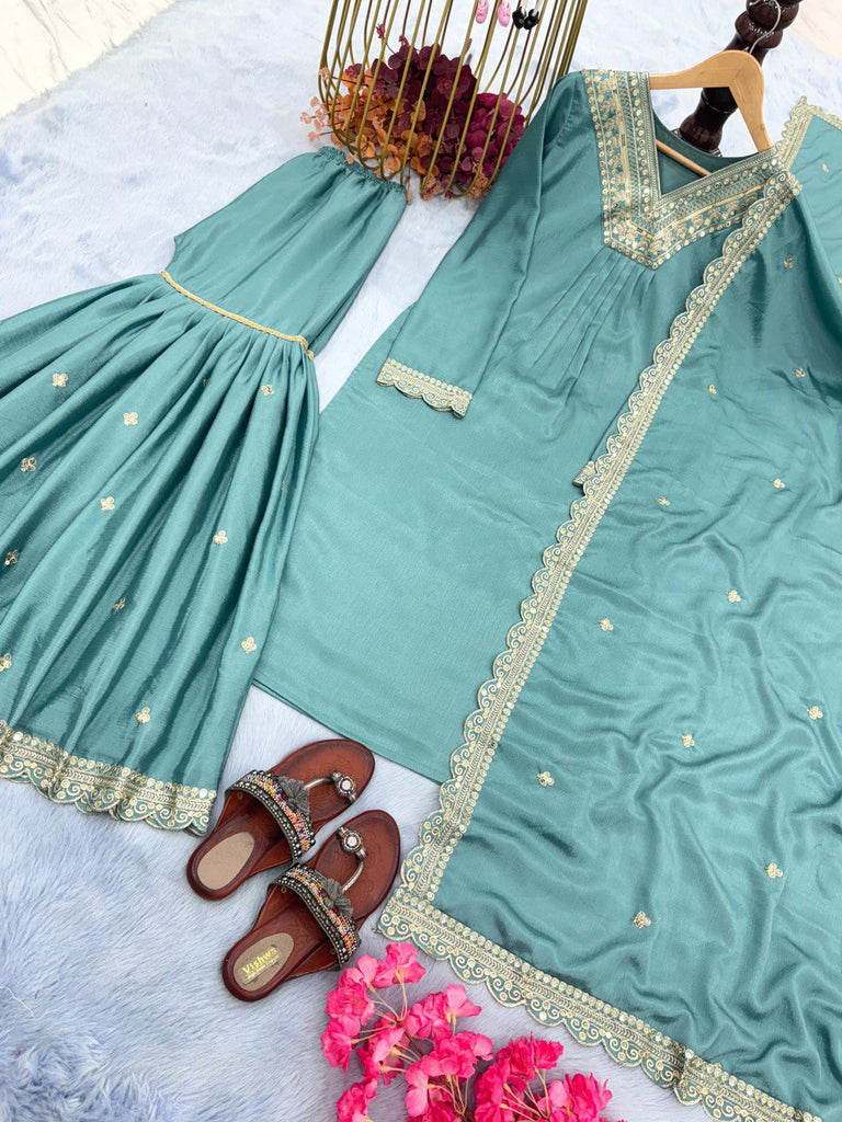 Skyblue Coluer Partywear Chinon Salwar Kameez Palazzo Suit