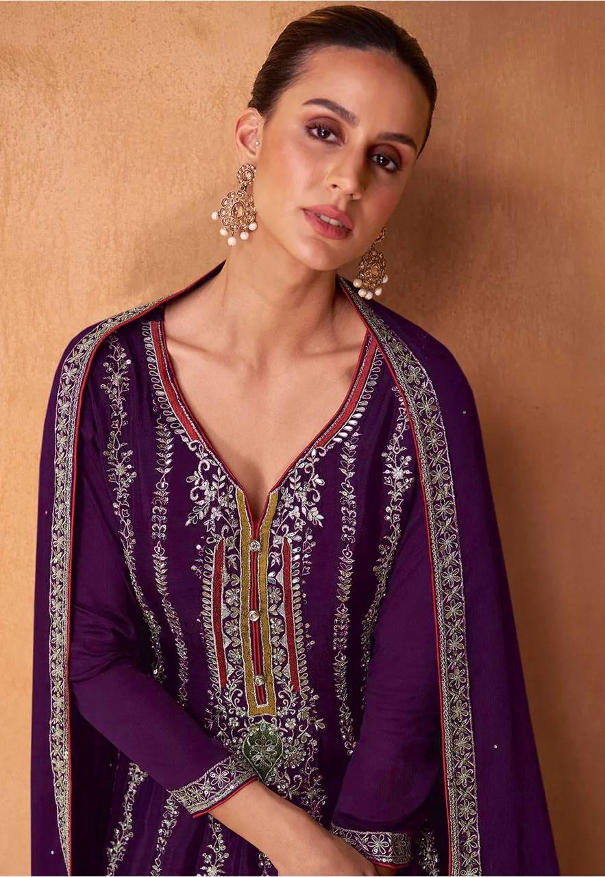 Superb Purple Color Chinon Fabric Partywear Suit