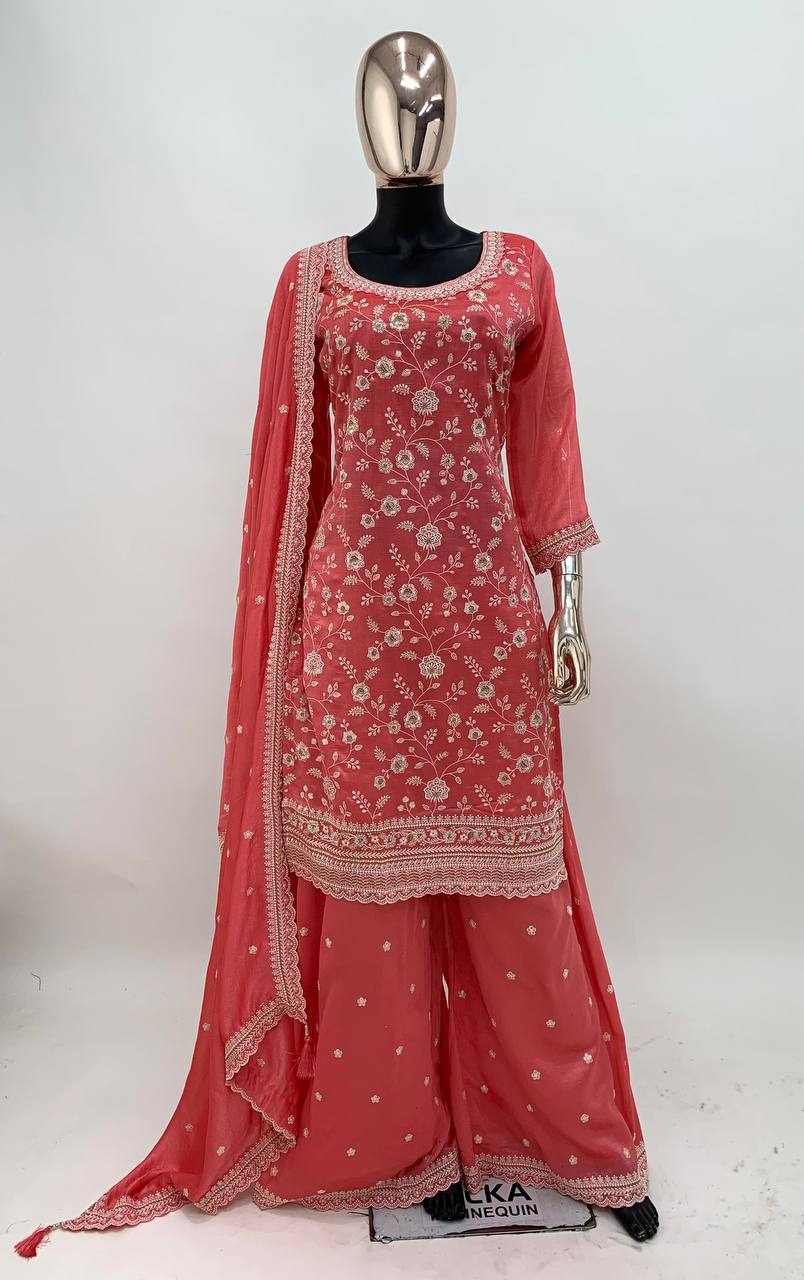 Peach Vichitra Embroidered Salwar Kameez Suit