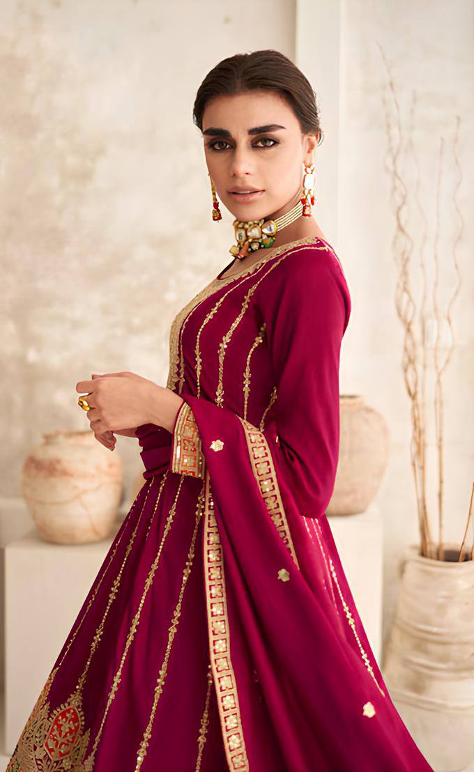 Rani Pink Vichitra Embroidered Salwar Suit with Dupatta