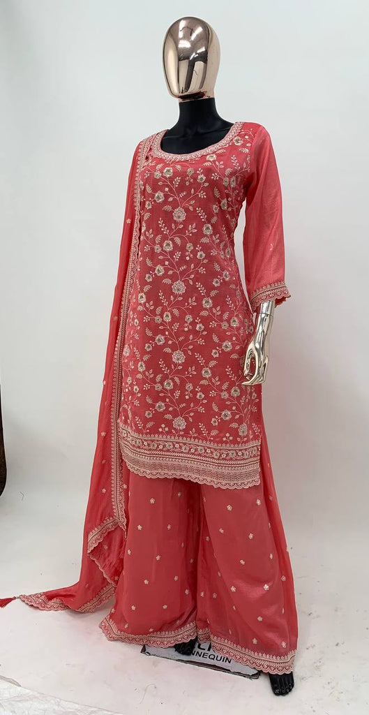 Peach Vichitra Embroidered Salwar Kameez Suit