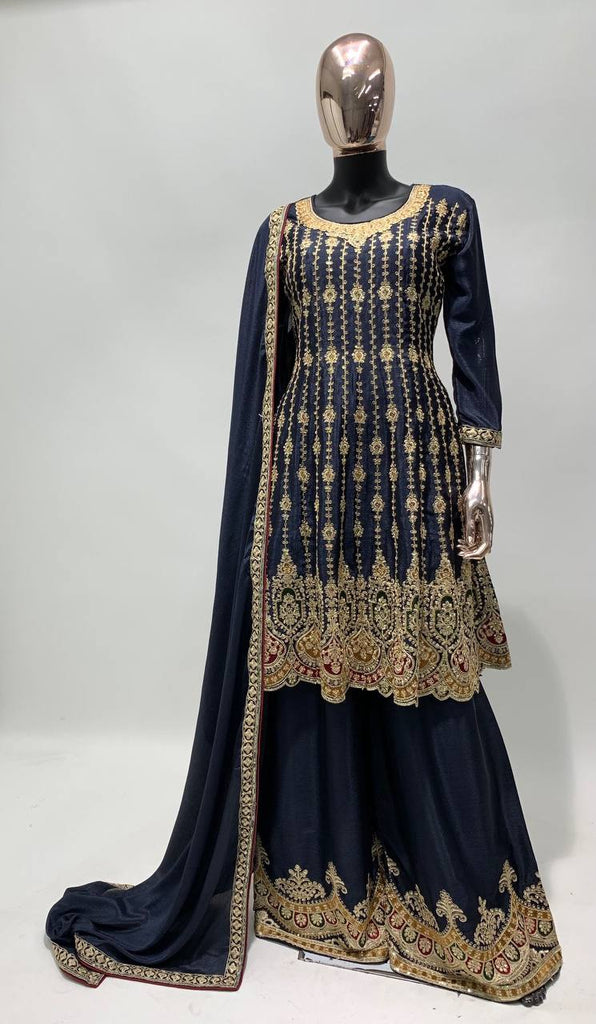 Blue Color Chinon Sequins Embroidery Palazzo Suit