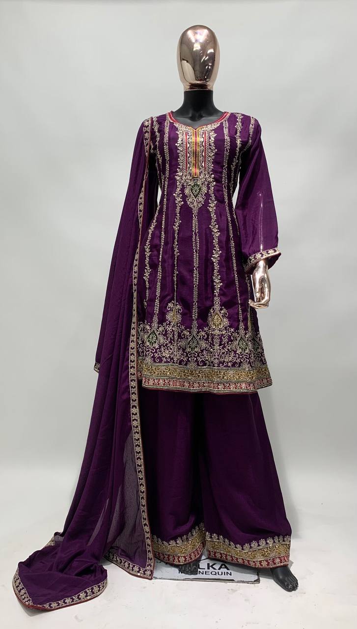 Superb Purple Color Chinon Fabric Partywear Suit