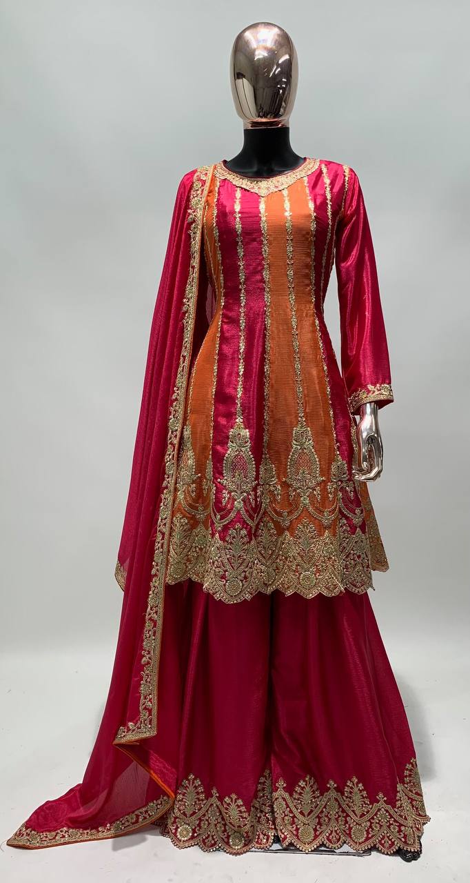 Orange Colure Partywear Sharara Suit With Embroidery