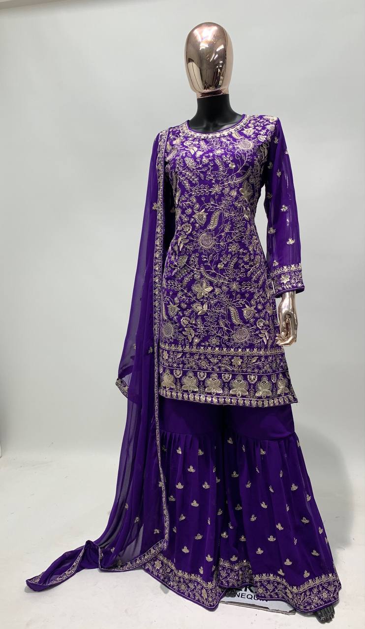 Partywear Blue Sharara Suit With Embroidery