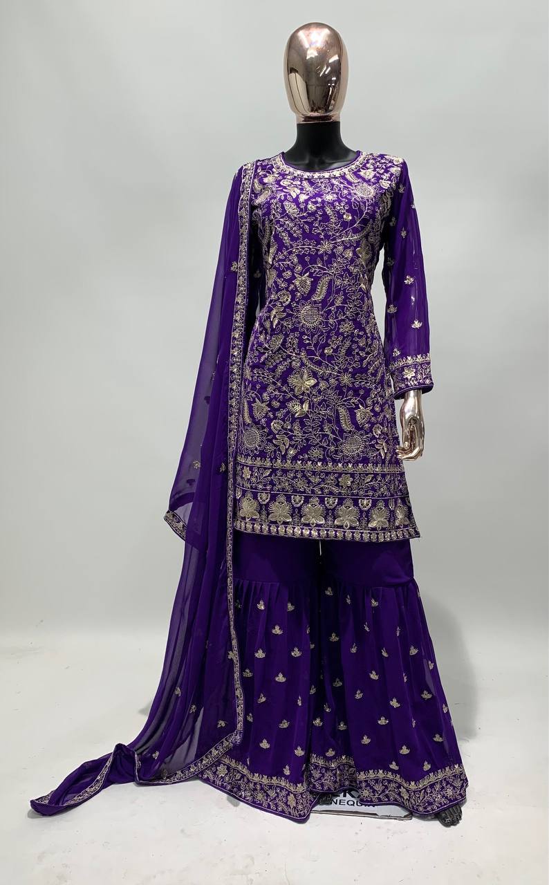 Partywear Blue Sharara Suit With Embroidery