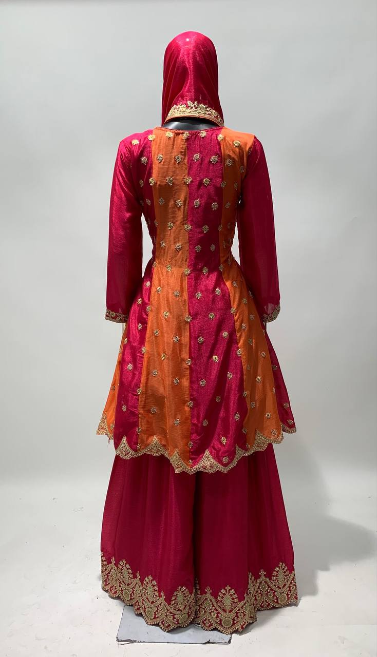 Orange Colure Partywear Sharara Suit With Embroidery