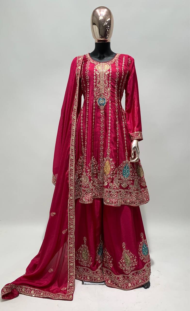 Dream Pink Palazzo Pants with Vibrant Floral Embroidery Suit Dress