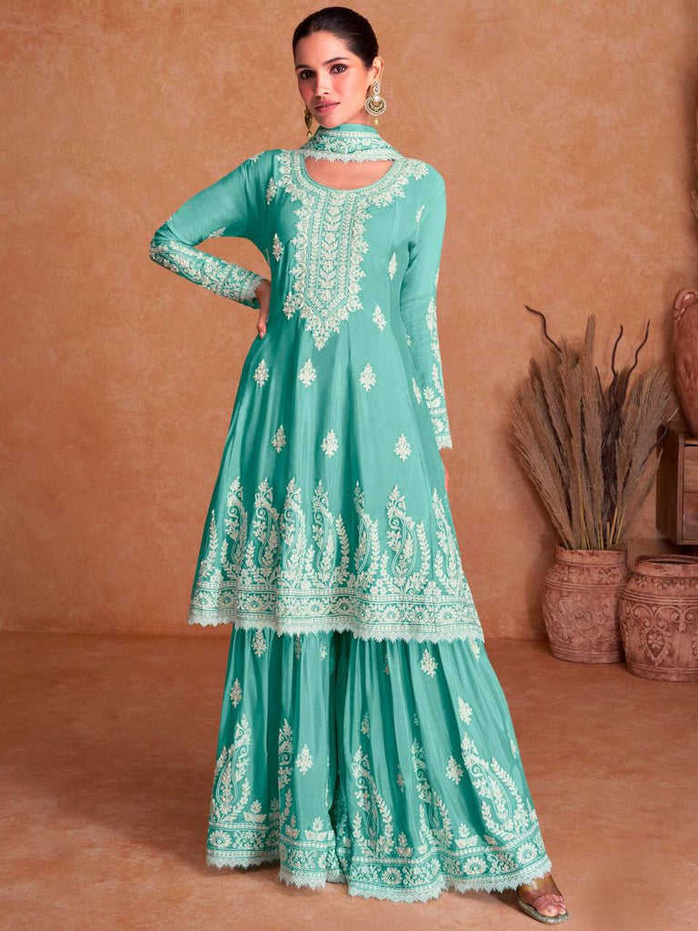 Blue Colure Partywear Designers Heavy Work Palazzo Suit