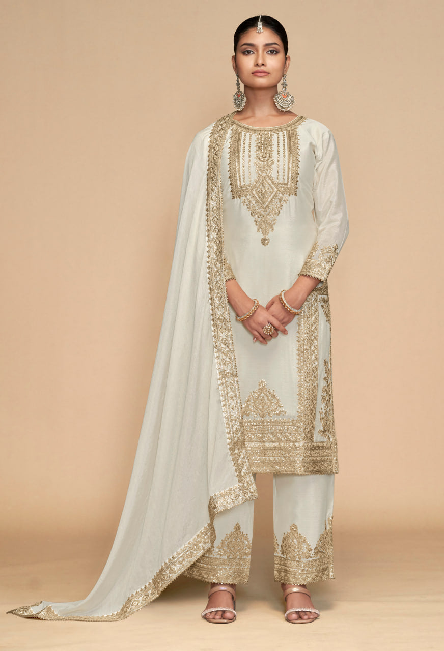 Partywear White Color Embroidery Salwar Kameez Suit