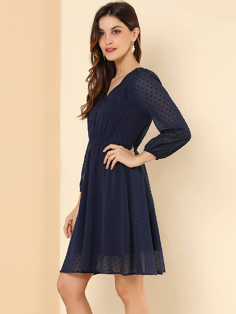 Gorgeous Navy Blue Fit & Flare V-Neck Georgette Dress