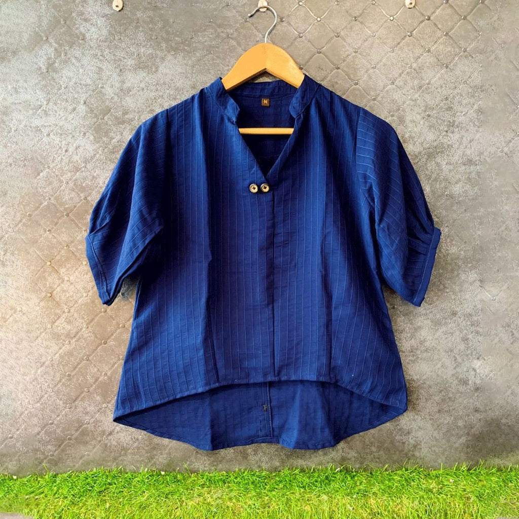 Navy Blue Summer Back Button Handloom Georgette Top